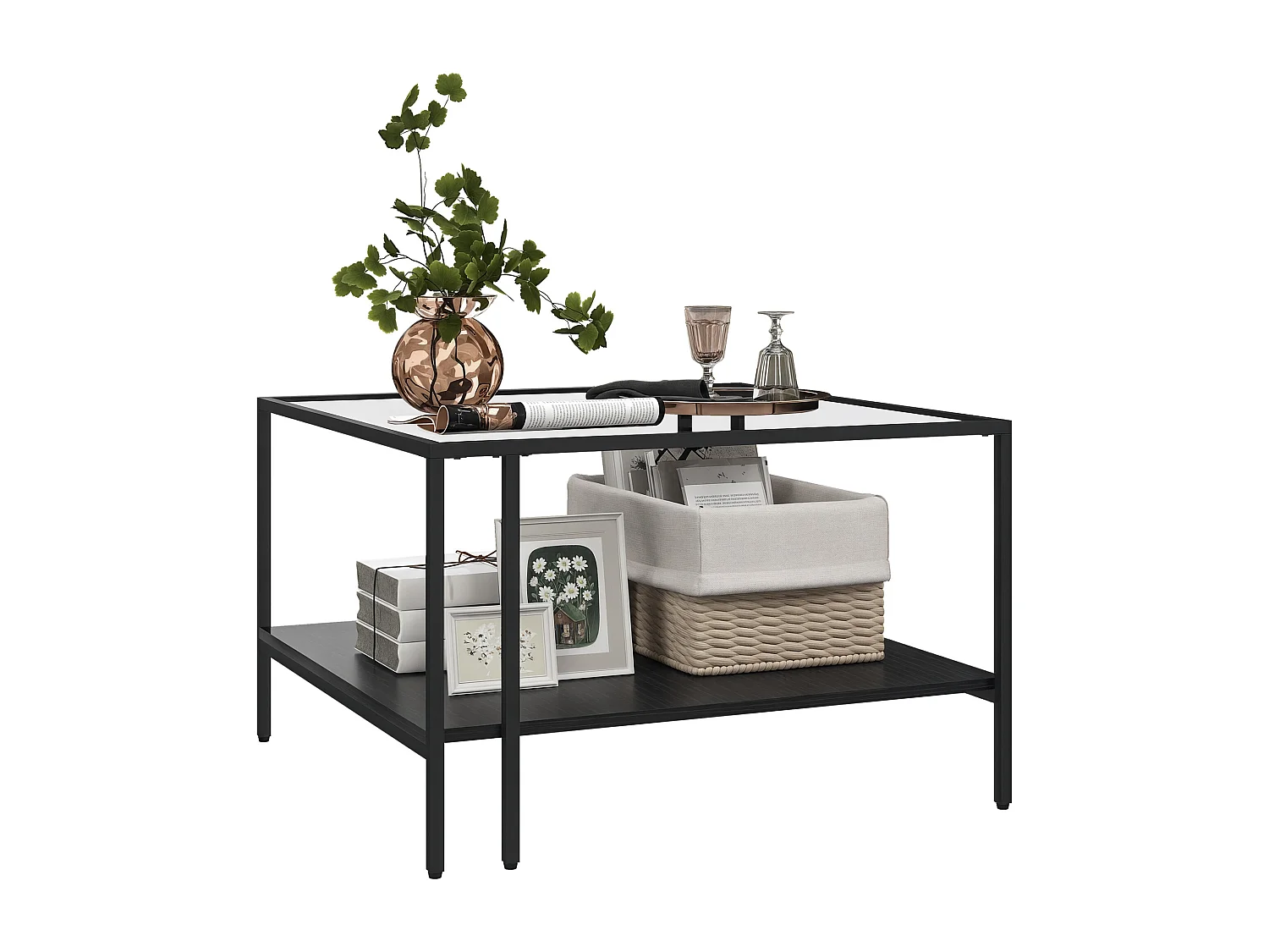 Table basse table de salon carrée 2 niveaux avec plateau en verre trempé, 1 étagère inférieure, design minimaliste, dim. 73l x 73P x 46,5H cm, noir