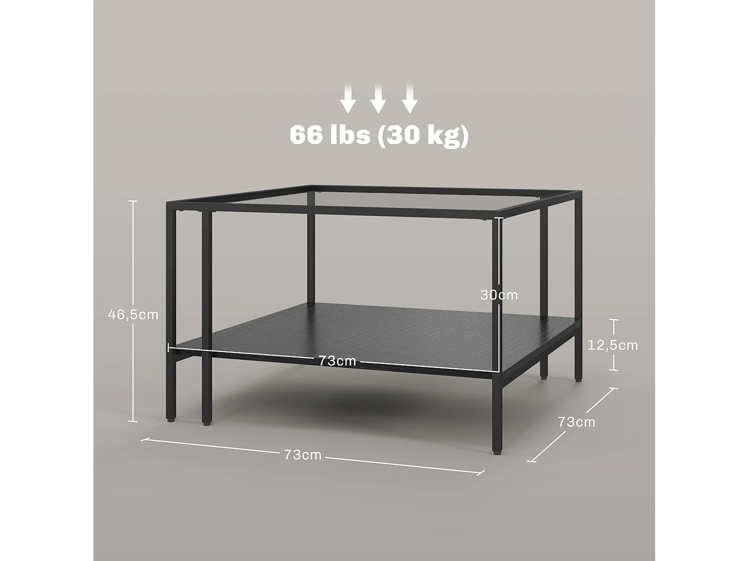 Table basse table de salon carrée 2 niveaux avec plateau en verre trempé, 1 étagère inférieure, design minimaliste, dim. 73l x 73P x 46,5H cm, noir