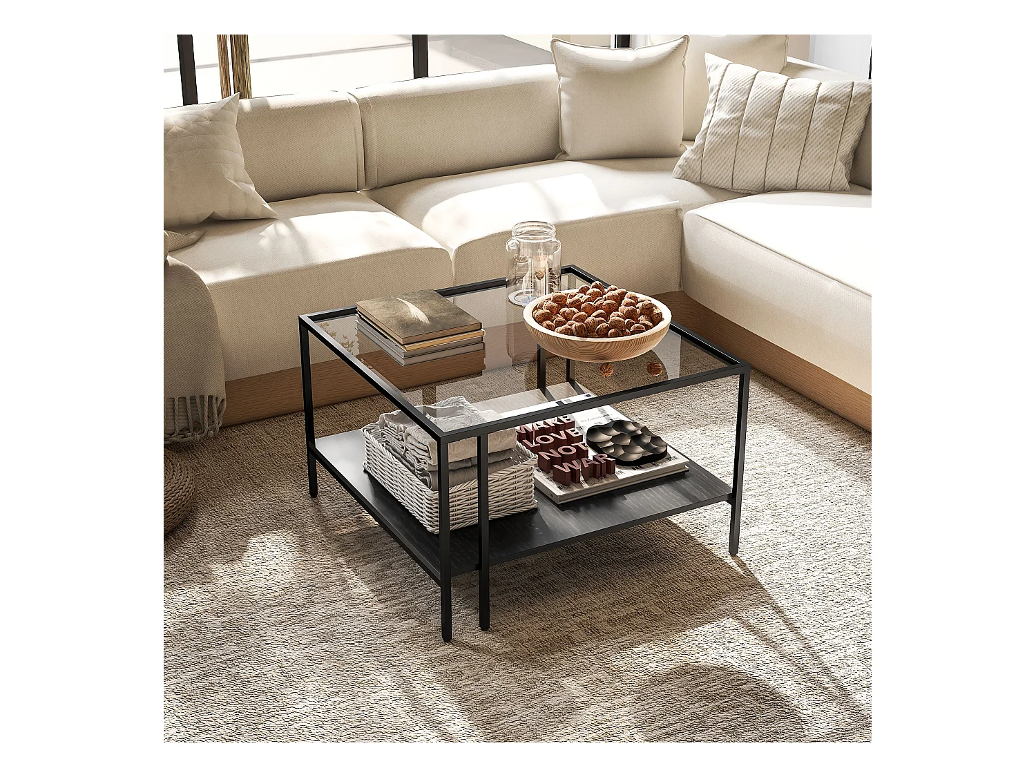 Table basse table de salon carrée 2 niveaux avec plateau en verre trempé, 1 étagère inférieure, design minimaliste, dim. 73l x 73P x 46,5H cm, noir