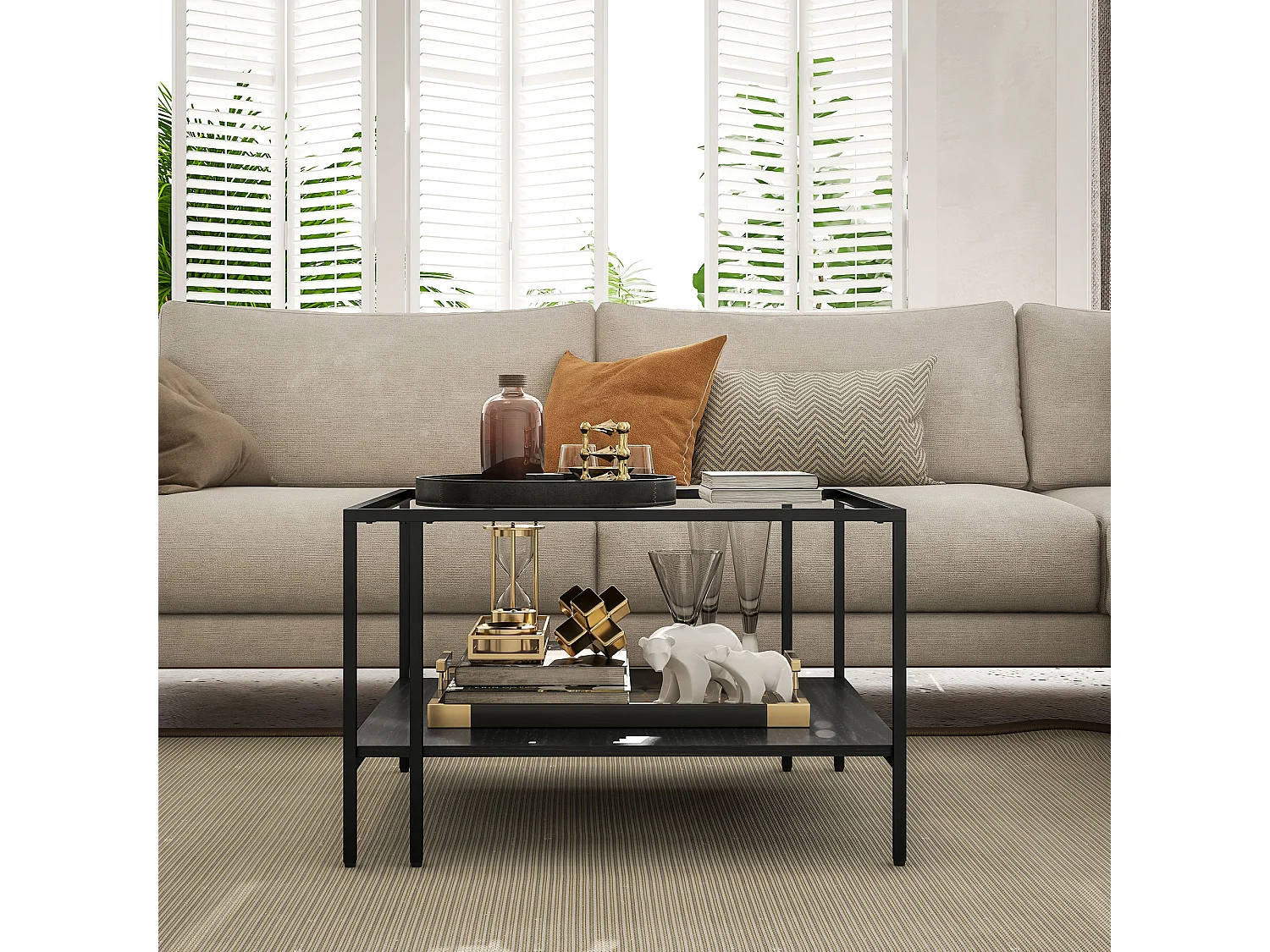 Table basse table de salon carrée 2 niveaux avec plateau en verre trempé, 1 étagère inférieure, design minimaliste, dim. 73l x 73P x 46,5H cm, noir