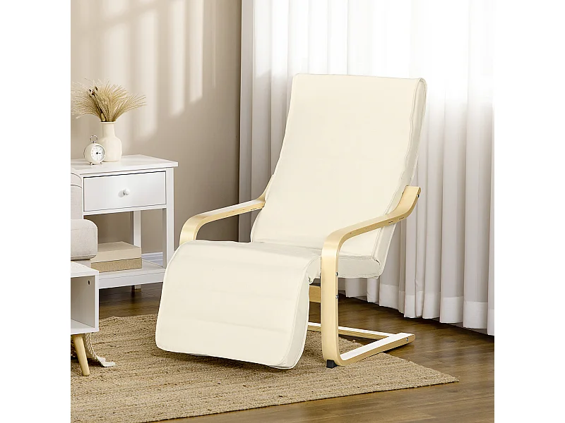 Fauteuil style nordique - repose-pied réglable - déhoussable - bois de bouleau tissu crème