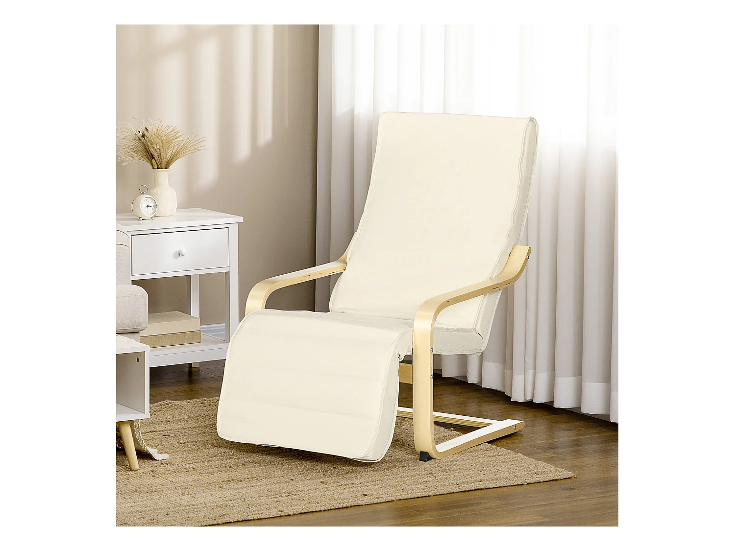 Fauteuil style nordique - repose-pied réglable - déhoussable - bois de bouleau tissu crème