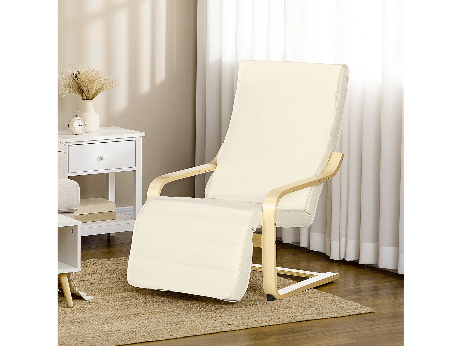 Fauteuil style nordique - repose-pied réglable - déhoussable - bois de bouleau tissu crème