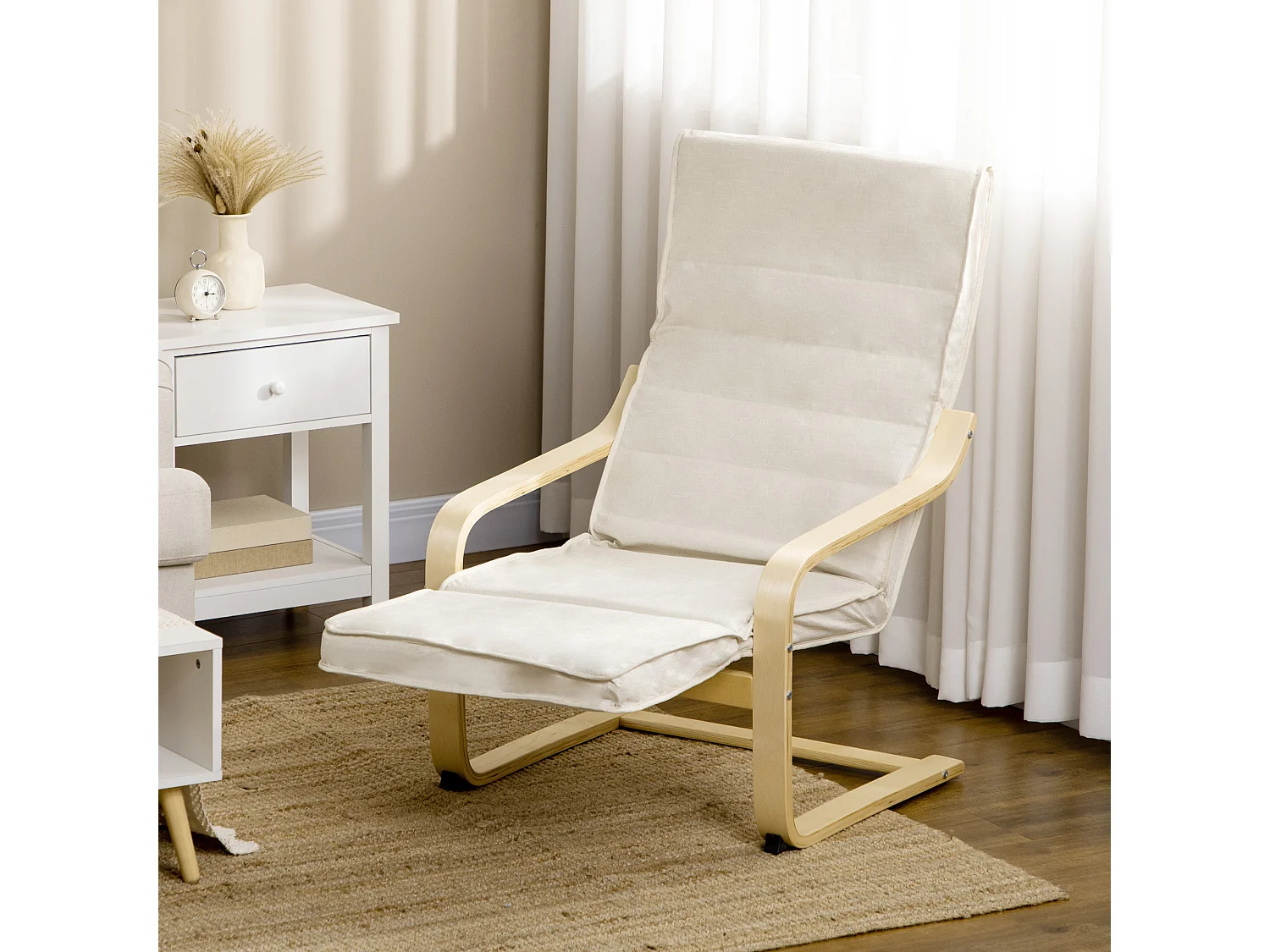 Fauteuil style nordique - repose-pied réglable - déhoussable - bois de bouleau tissu crème
