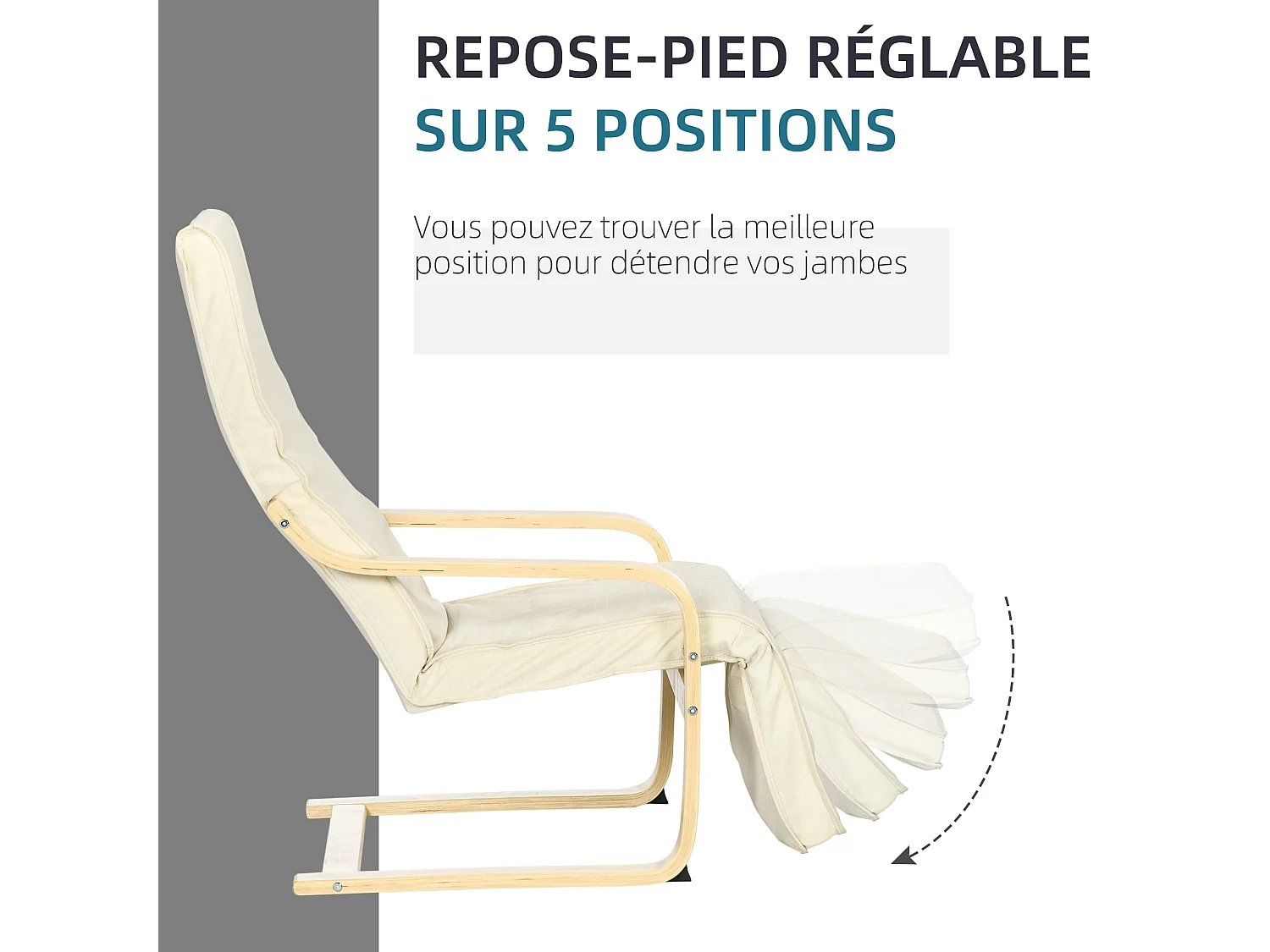 Fauteuil style nordique - repose-pied réglable - déhoussable - bois de bouleau tissu crème