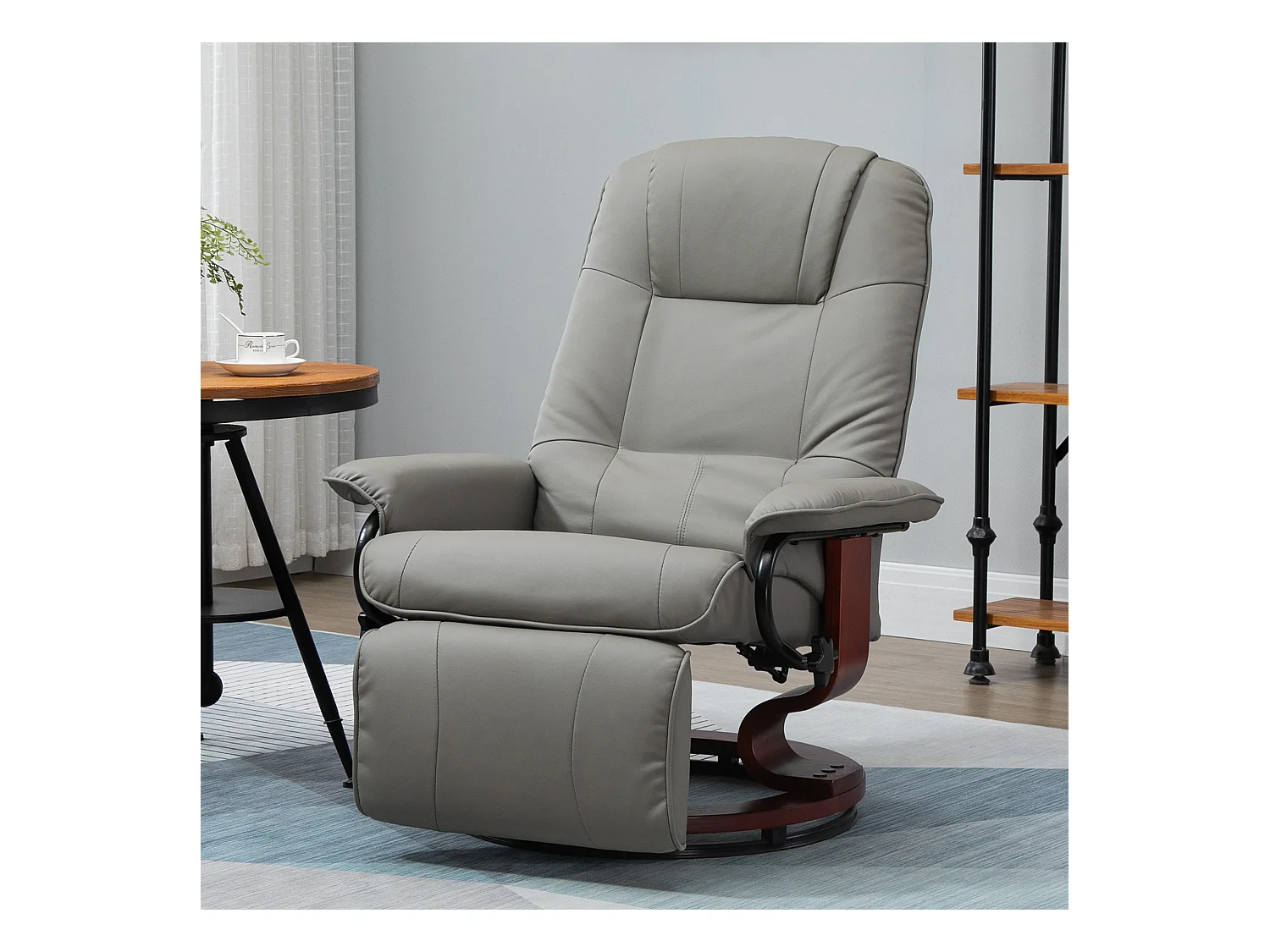 Fauteuil relax inclinable pivotant repose-pied réglable piètement bois revêtement synthétique gris