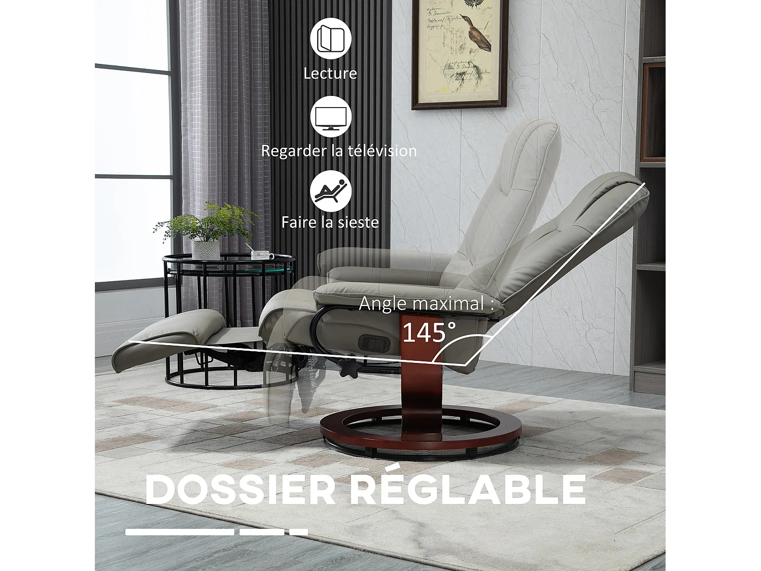 Fauteuil relax inclinable pivotant repose-pied réglable piètement bois revêtement synthétique gris