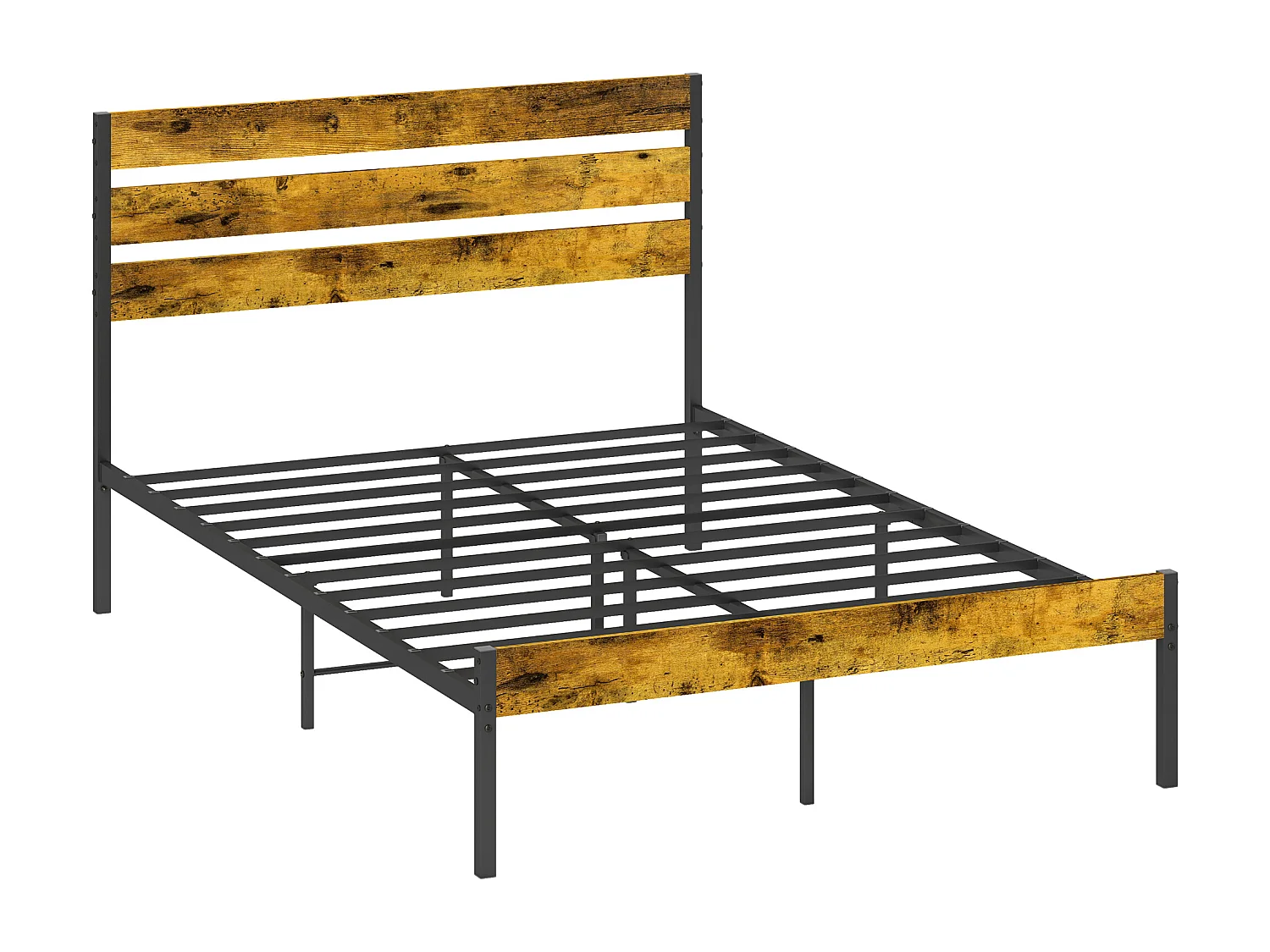 Lit double design industriel - tête de lit, pied de lit, sommier - compatible matelas 190L x 140l cm - acier noir aspect bois vieilli