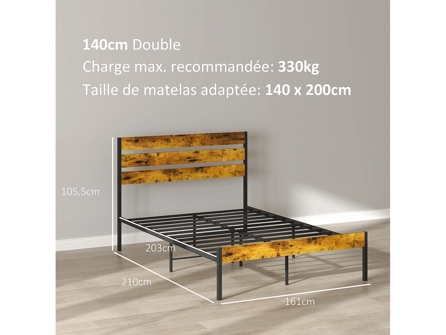 Lit double design industriel - tête de lit, pied de lit, sommier - compatible matelas 190L x 140l cm - acier noir aspect bois vieilli