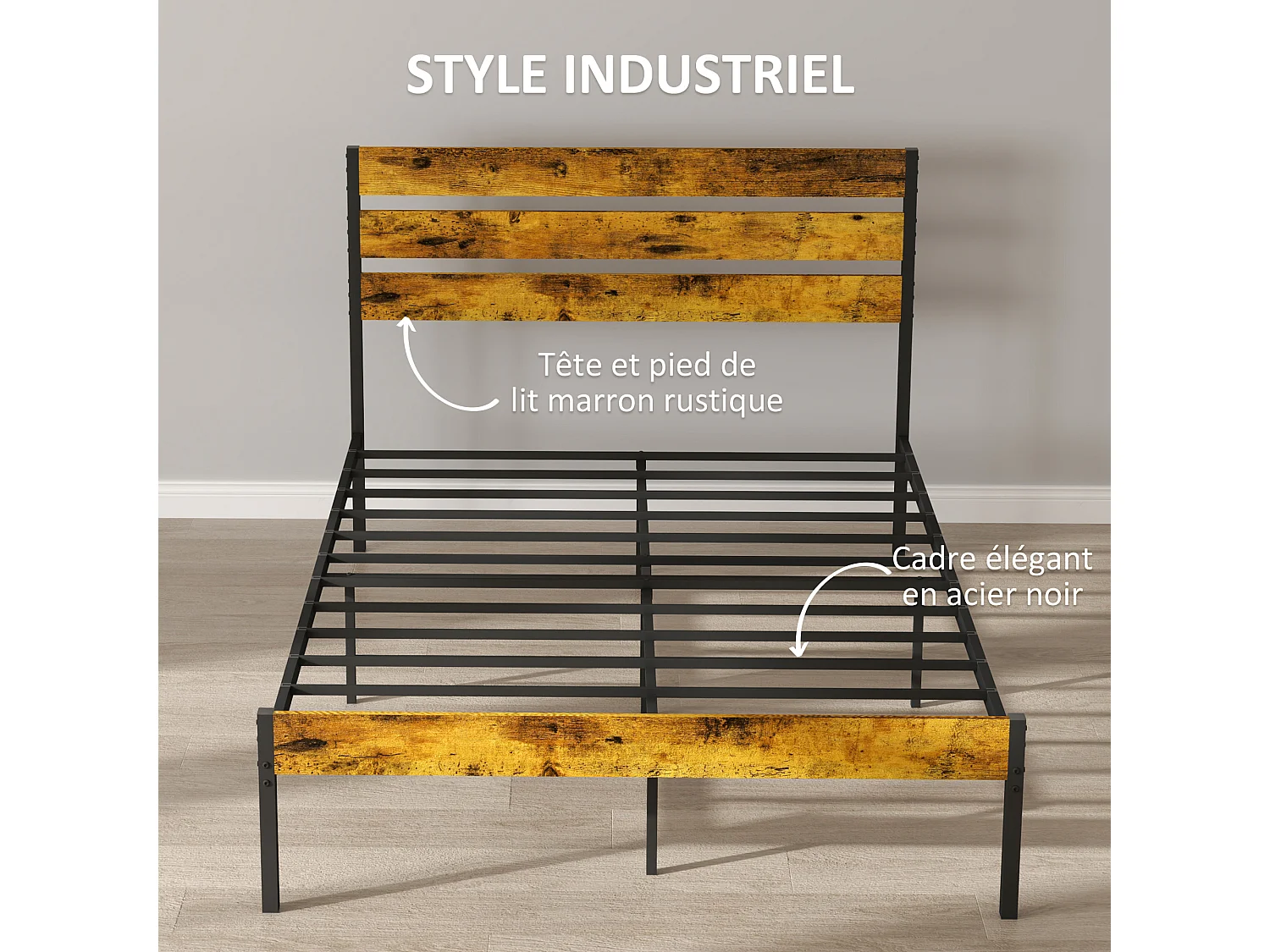 Lit double design industriel - tête de lit, pied de lit, sommier - compatible matelas 190L x 140l cm - acier noir aspect bois vieilli
