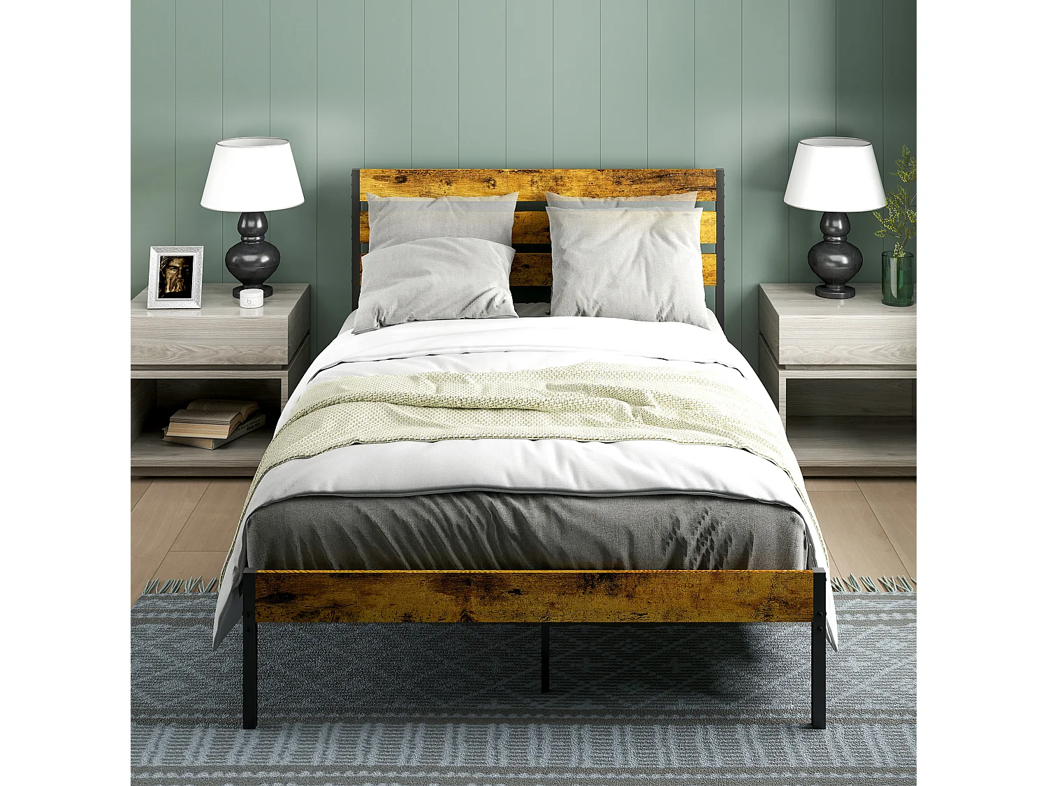 Lit double design industriel - tête de lit, pied de lit, sommier - compatible matelas 190L x 140l cm - acier noir aspect bois vieilli