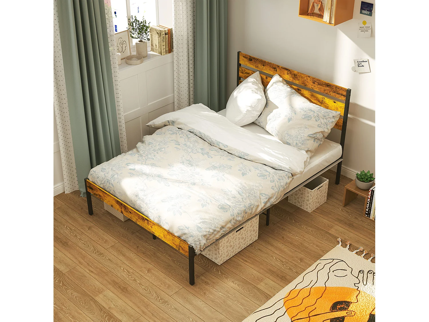 Lit double design industriel - tête de lit, pied de lit, sommier - compatible matelas 190L x 140l cm - acier noir aspect bois vieilli