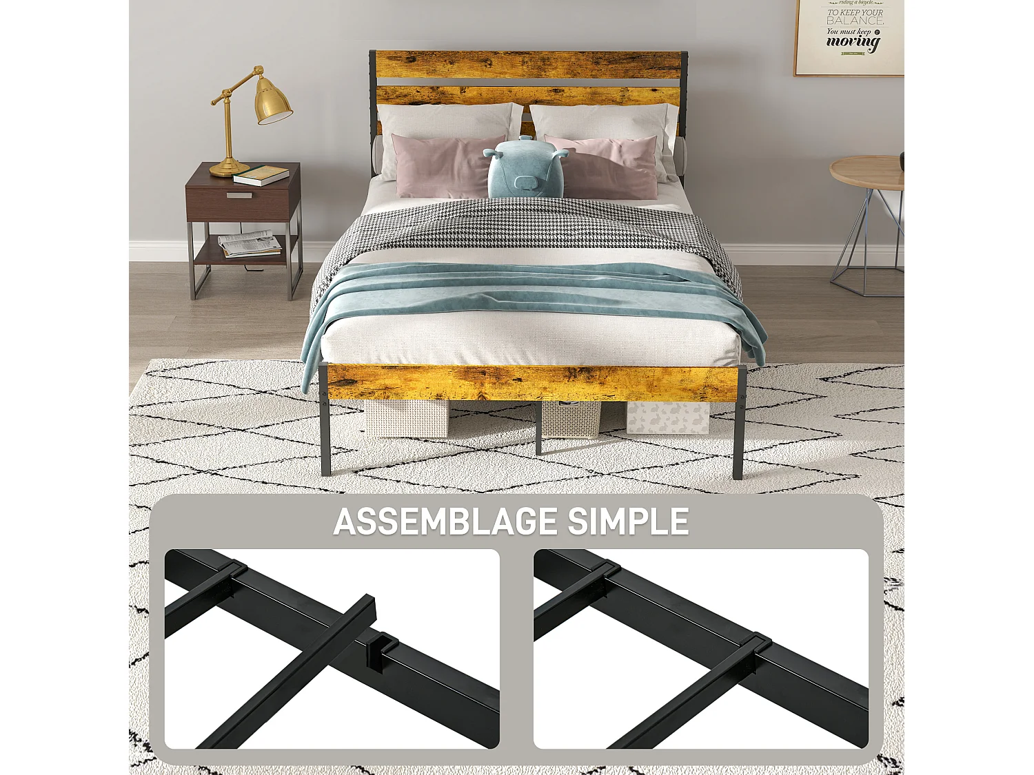 Lit double design industriel - tête de lit, pied de lit, sommier - compatible matelas 190L x 140l cm - acier noir aspect bois vieilli