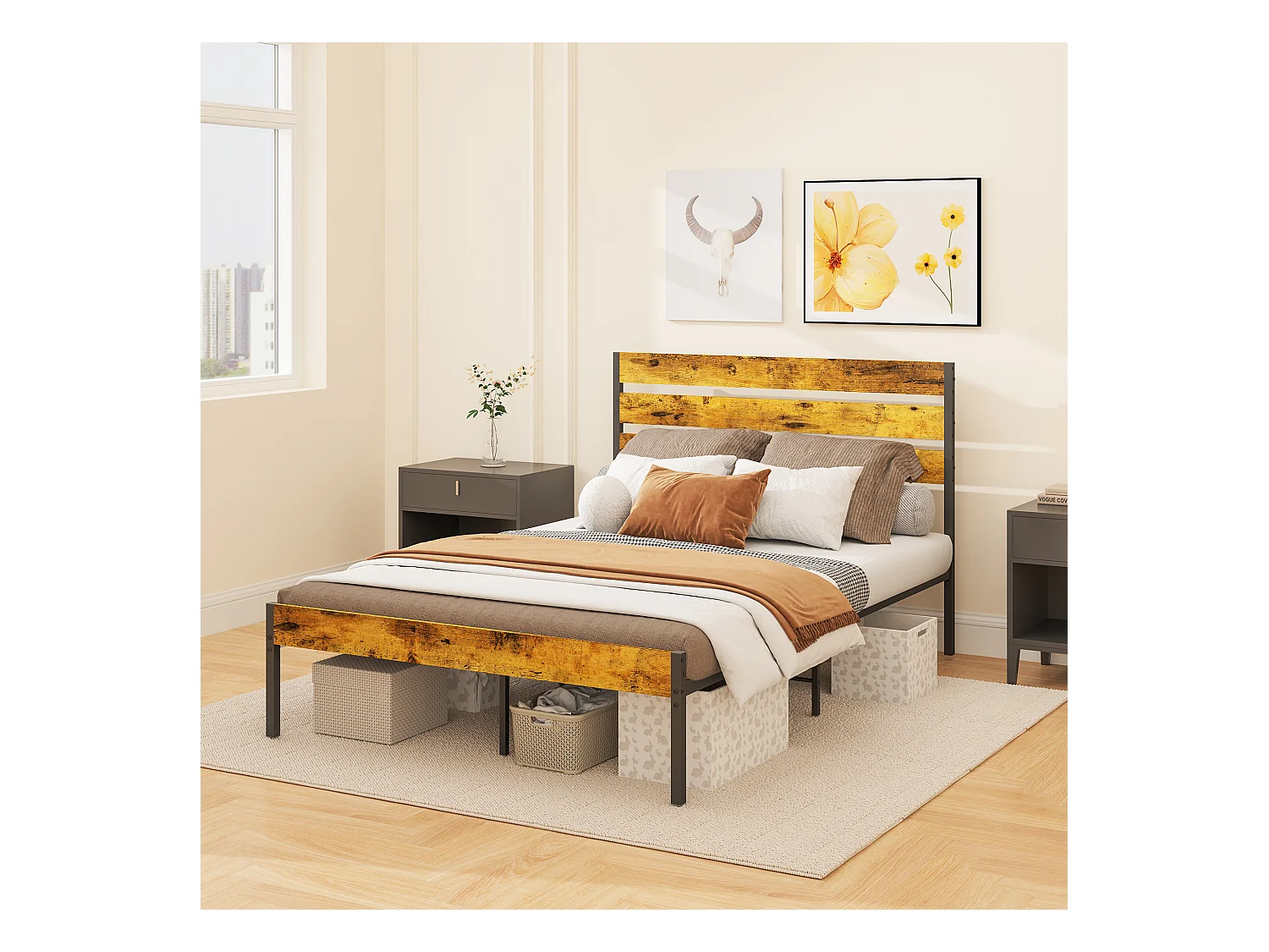 Lit double design industriel - tête de lit, pied de lit, sommier - compatible matelas 190L x 140l cm - acier noir aspect bois vieilli
