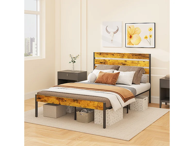 Lit double design industriel - tête de lit, pied de lit, sommier - compatible matelas 190L x 140l cm - acier noir aspect bois vieilli