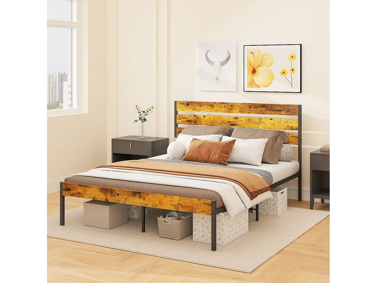 Lit double design industriel - tête de lit, pied de lit, sommier - compatible matelas 200L x 160l cm - acier noir aspect bois vieilli