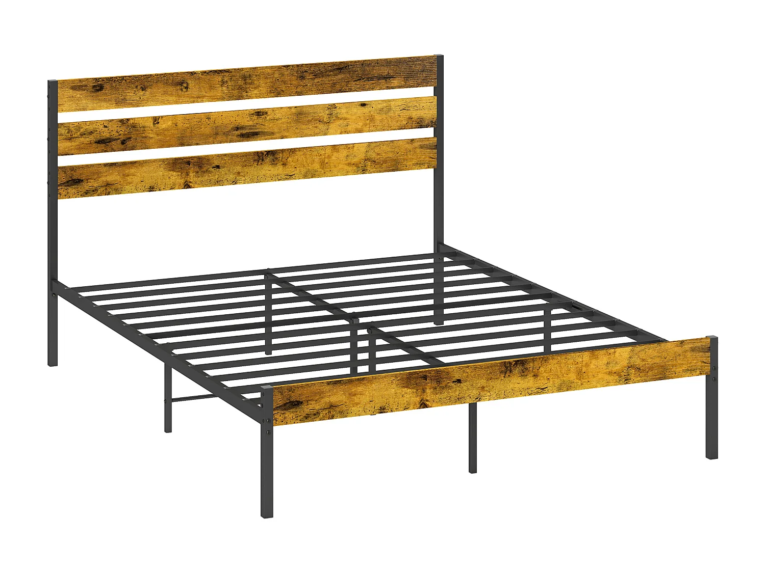 Lit double design industriel - tête de lit, pied de lit, sommier - compatible matelas 200L x 160l cm - acier noir aspect bois vieilli