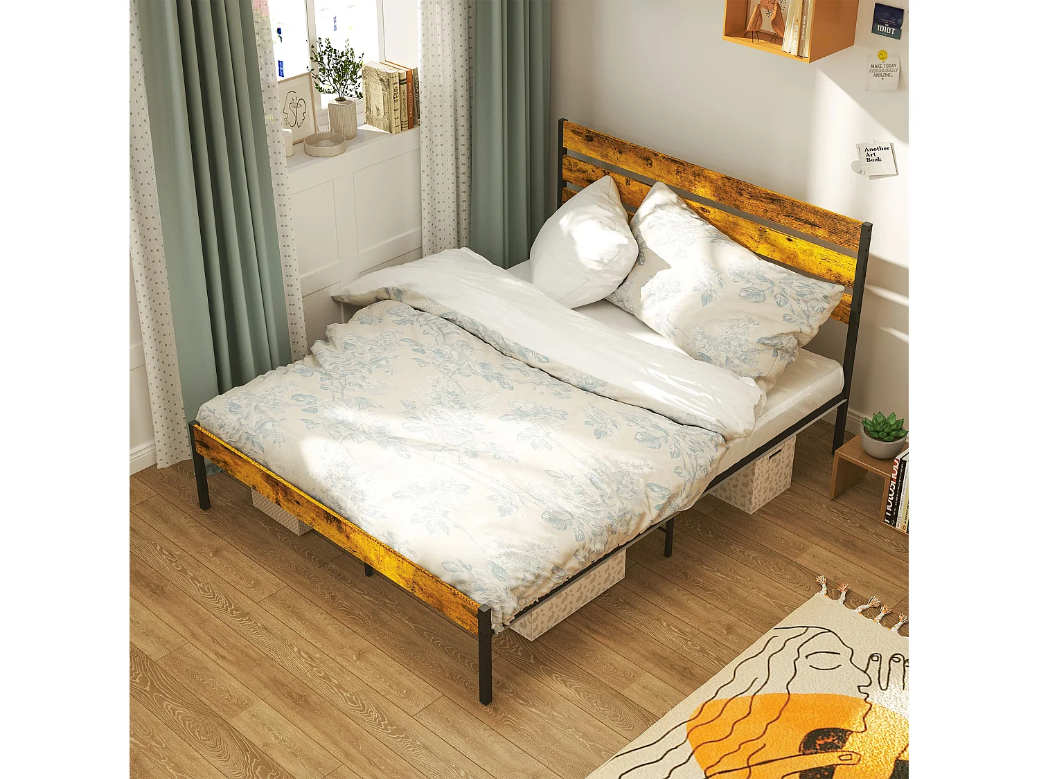 Lit double design industriel - tête de lit, pied de lit, sommier - compatible matelas 200L x 160l cm - acier noir aspect bois vieilli