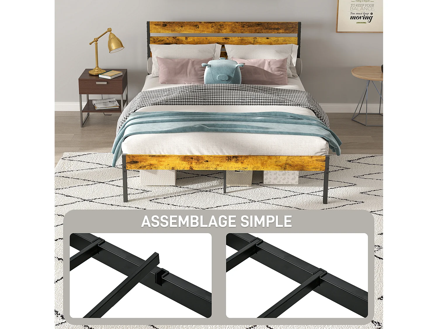 Lit double design industriel - tête de lit, pied de lit, sommier - compatible matelas 200L x 160l cm - acier noir aspect bois vieilli