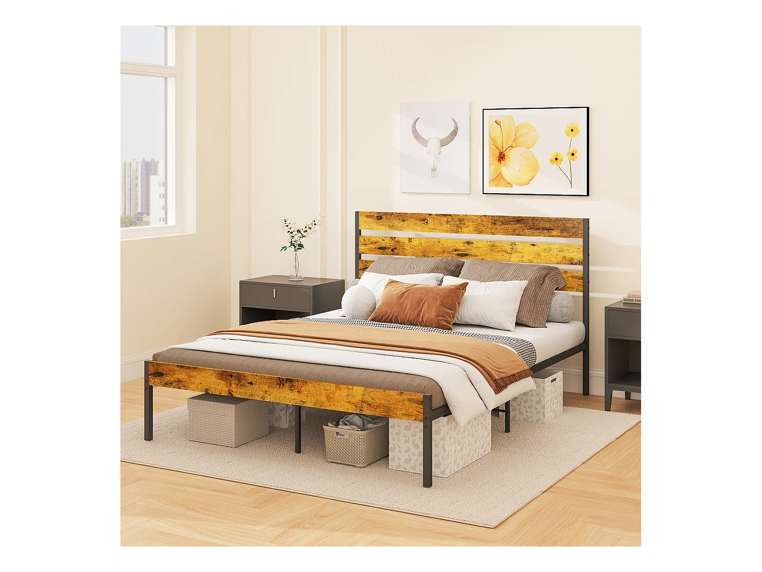 Lit double design industriel - tête de lit, pied de lit, sommier - compatible matelas 200L x 160l cm - acier noir aspect bois vieilli