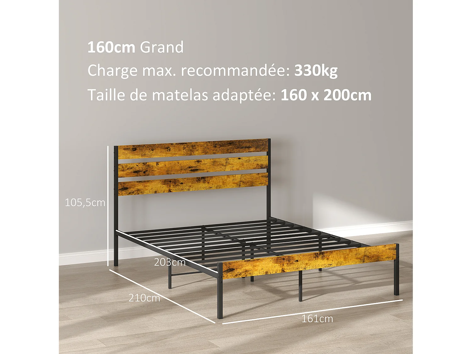 Lit double design industriel - tête de lit, pied de lit, sommier - compatible matelas 200L x 160l cm - acier noir aspect bois vieilli