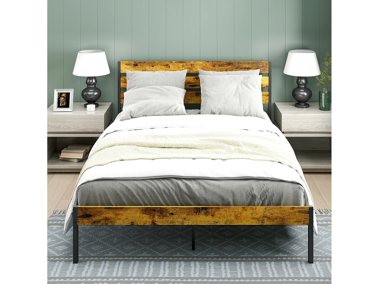 Lit double design industriel - tête de lit, pied de lit, sommier - compatible matelas 200L x 160l cm - acier noir aspect bois vieilli