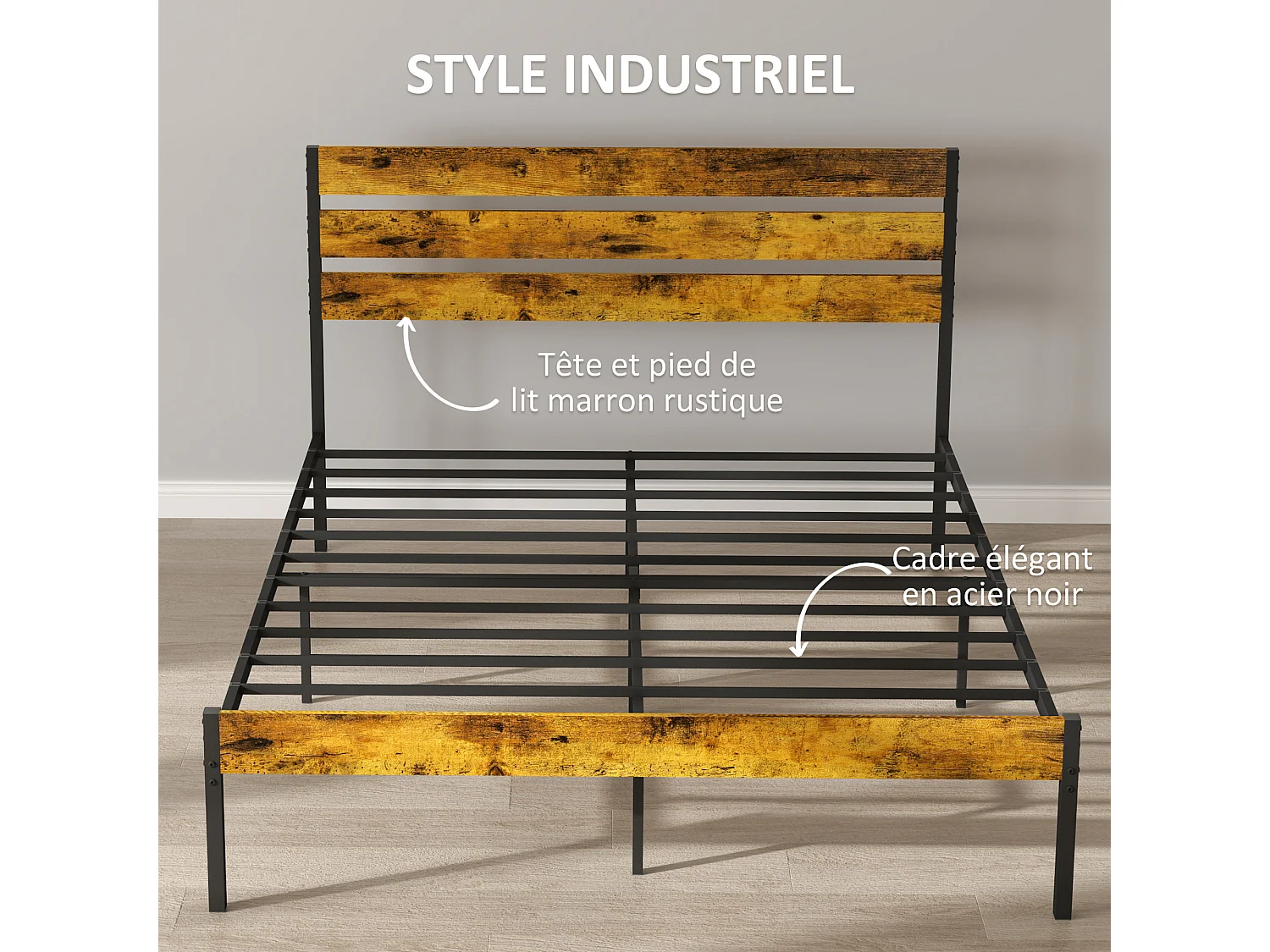 Lit double design industriel - tête de lit, pied de lit, sommier - compatible matelas 200L x 160l cm - acier noir aspect bois vieilli