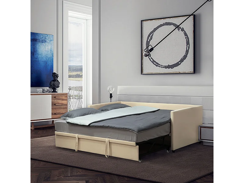 Cadre de lit deux-en-un - tête de lit, sommier inclus - dim. 203l x 190,5P x 75H cm - compatible matelas 190L x 90l cm - blanc crème