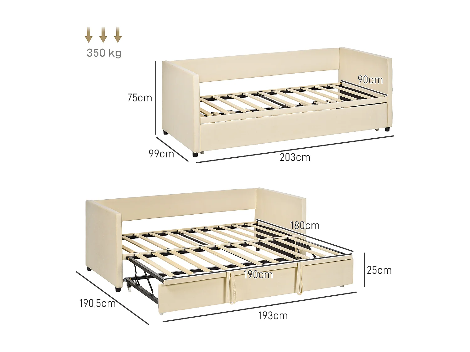 Cadre de lit deux-en-un - tête de lit, sommier inclus - dim. 203l x 190,5P x 75H cm - compatible matelas 190L x 90l cm - blanc crème