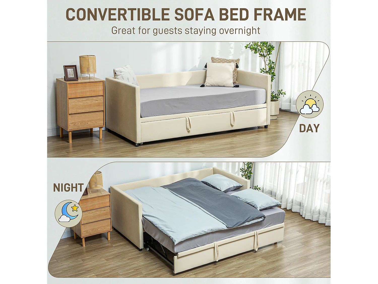 Cadre de lit deux-en-un - tête de lit, sommier inclus - dim. 203l x 190,5P x 75H cm - compatible matelas 190L x 90l cm - blanc crème