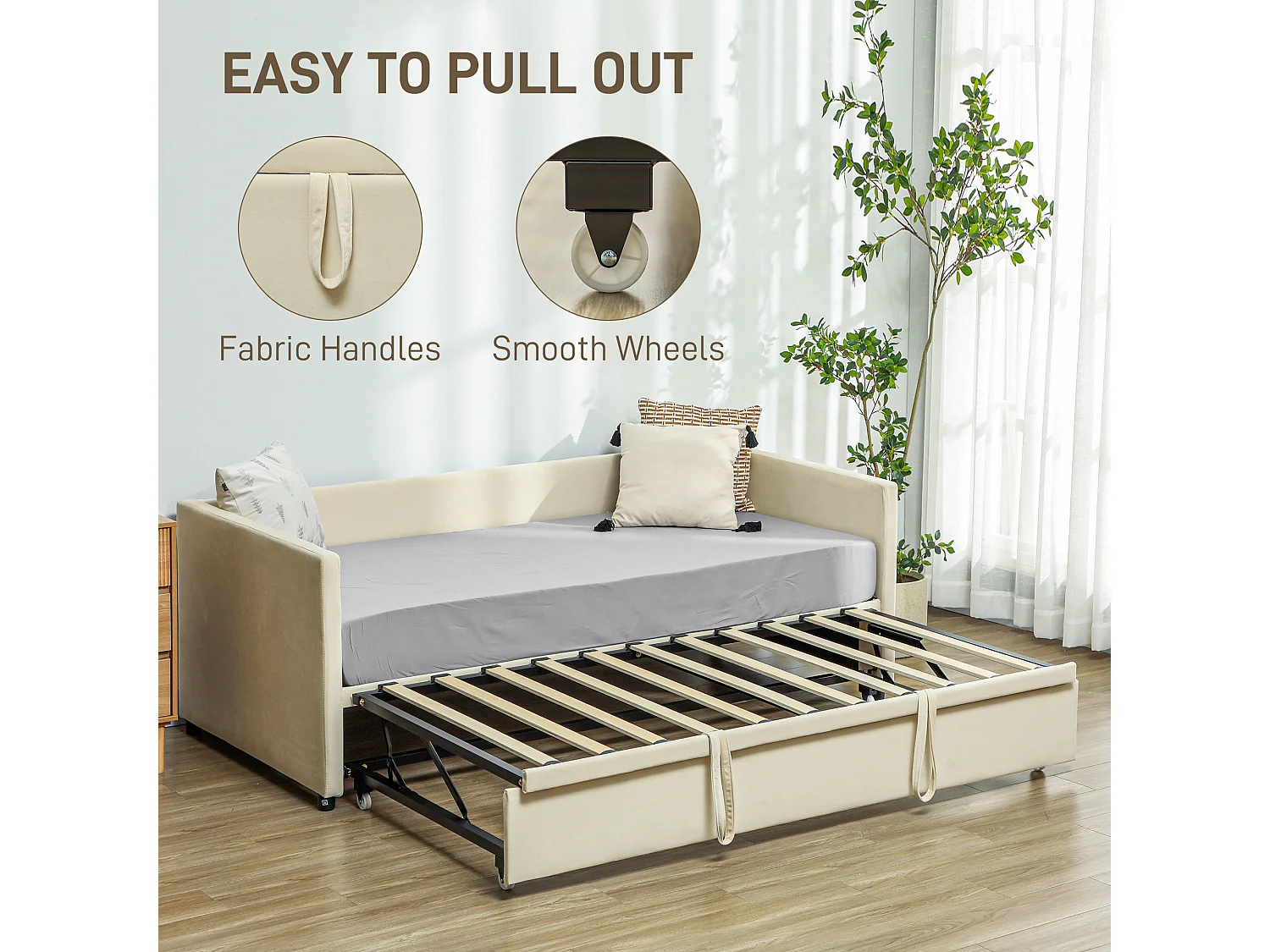 Cadre de lit deux-en-un - tête de lit, sommier inclus - dim. 203l x 190,5P x 75H cm - compatible matelas 190L x 90l cm - blanc crème