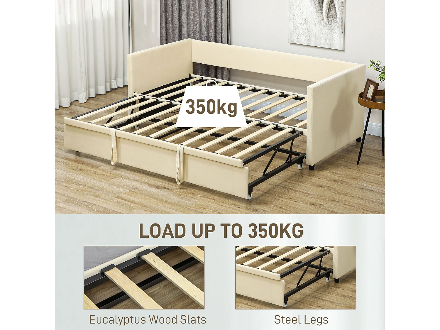 Cadre de lit deux-en-un - tête de lit, sommier inclus - dim. 203l x 190,5P x 75H cm - compatible matelas 190L x 90l cm - blanc crème