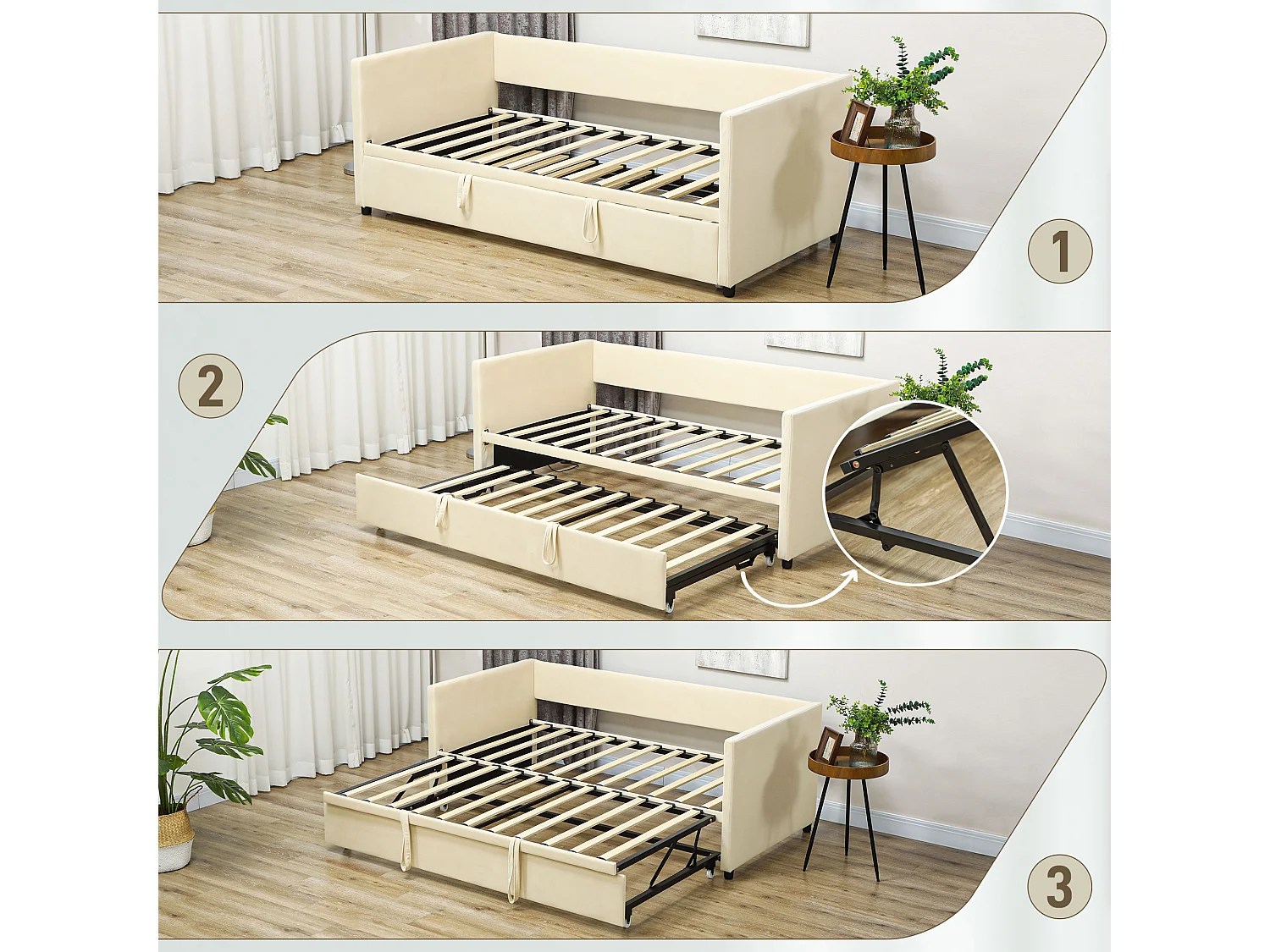 Cadre de lit deux-en-un - tête de lit, sommier inclus - dim. 203l x 190,5P x 75H cm - compatible matelas 190L x 90l cm - blanc crème