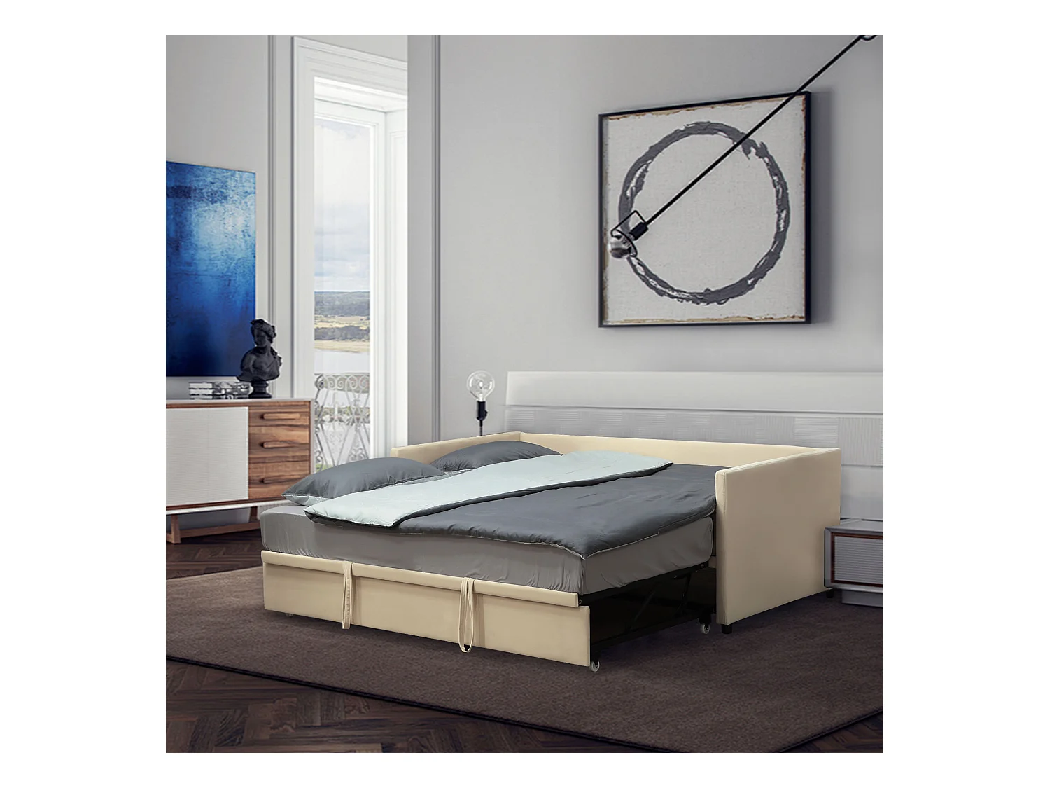 Cadre de lit deux-en-un - tête de lit, sommier inclus - dim. 203l x 190,5P x 75H cm - compatible matelas 190L x 90l cm - blanc crème