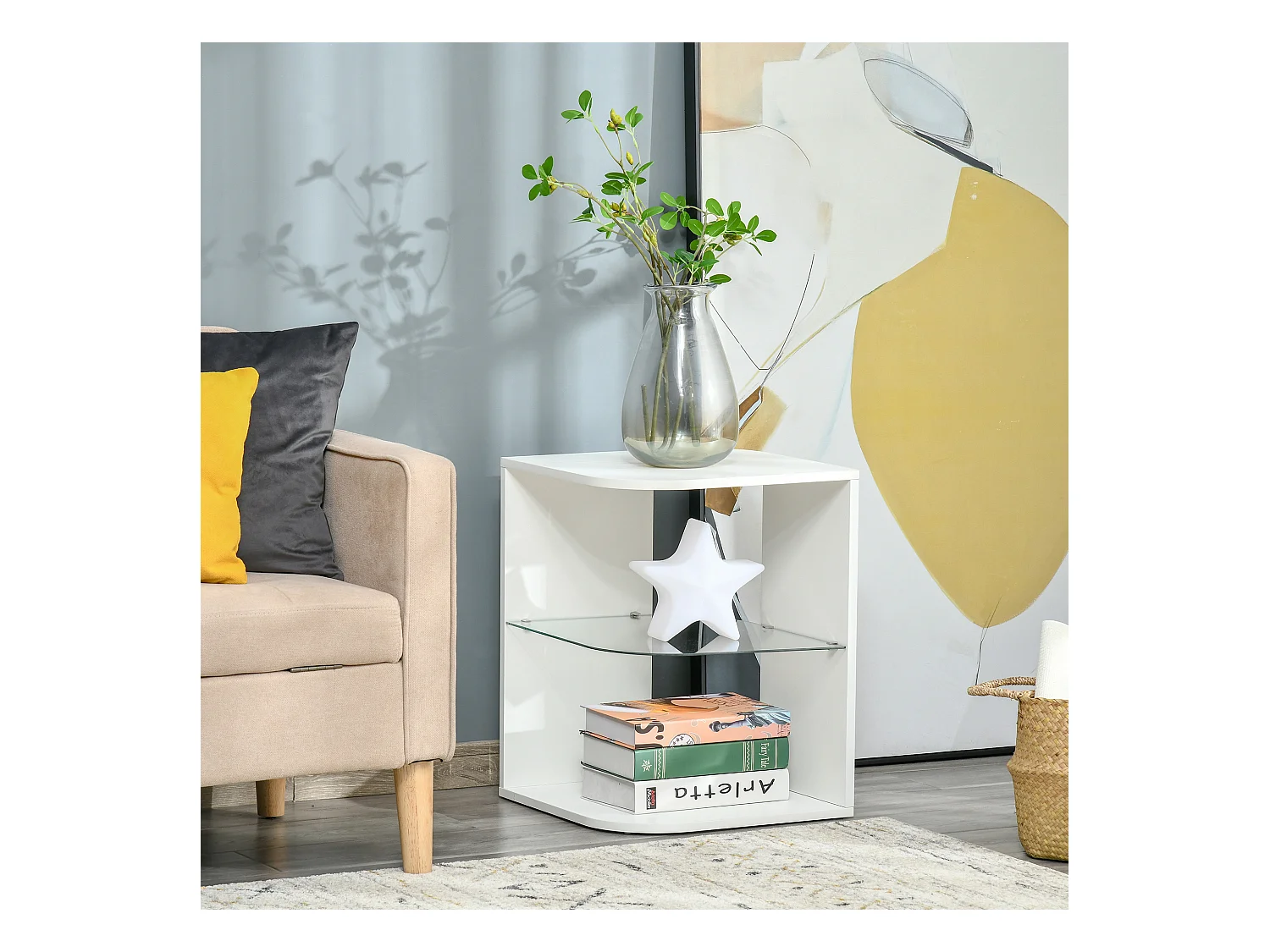 Guéridon design contemporain étagère verre trempé aspect bois blanc