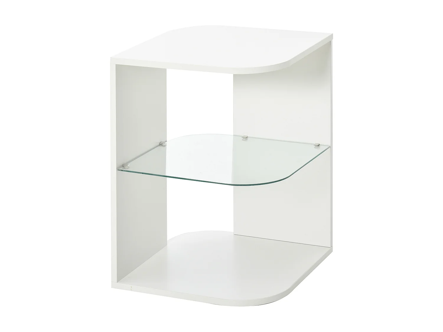Guéridon design contemporain étagère verre trempé aspect bois blanc