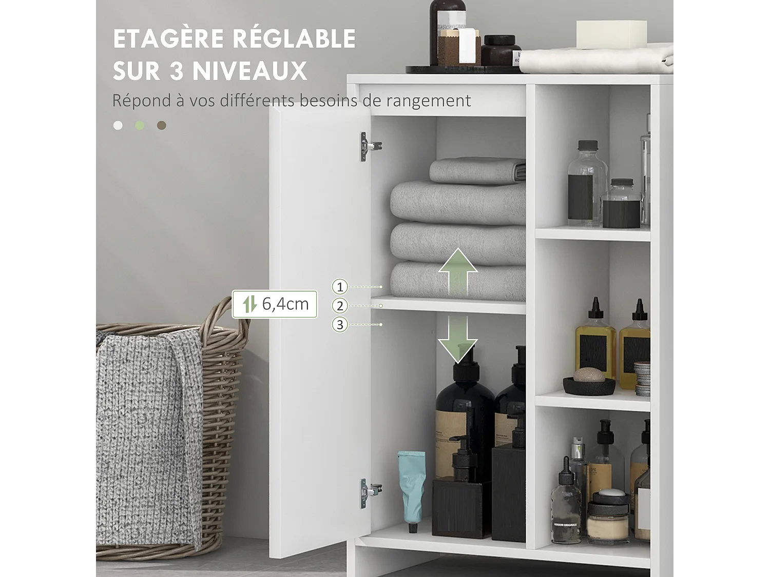Meuble bas salle de bain design contemporain porte étagère 3 niches blanc