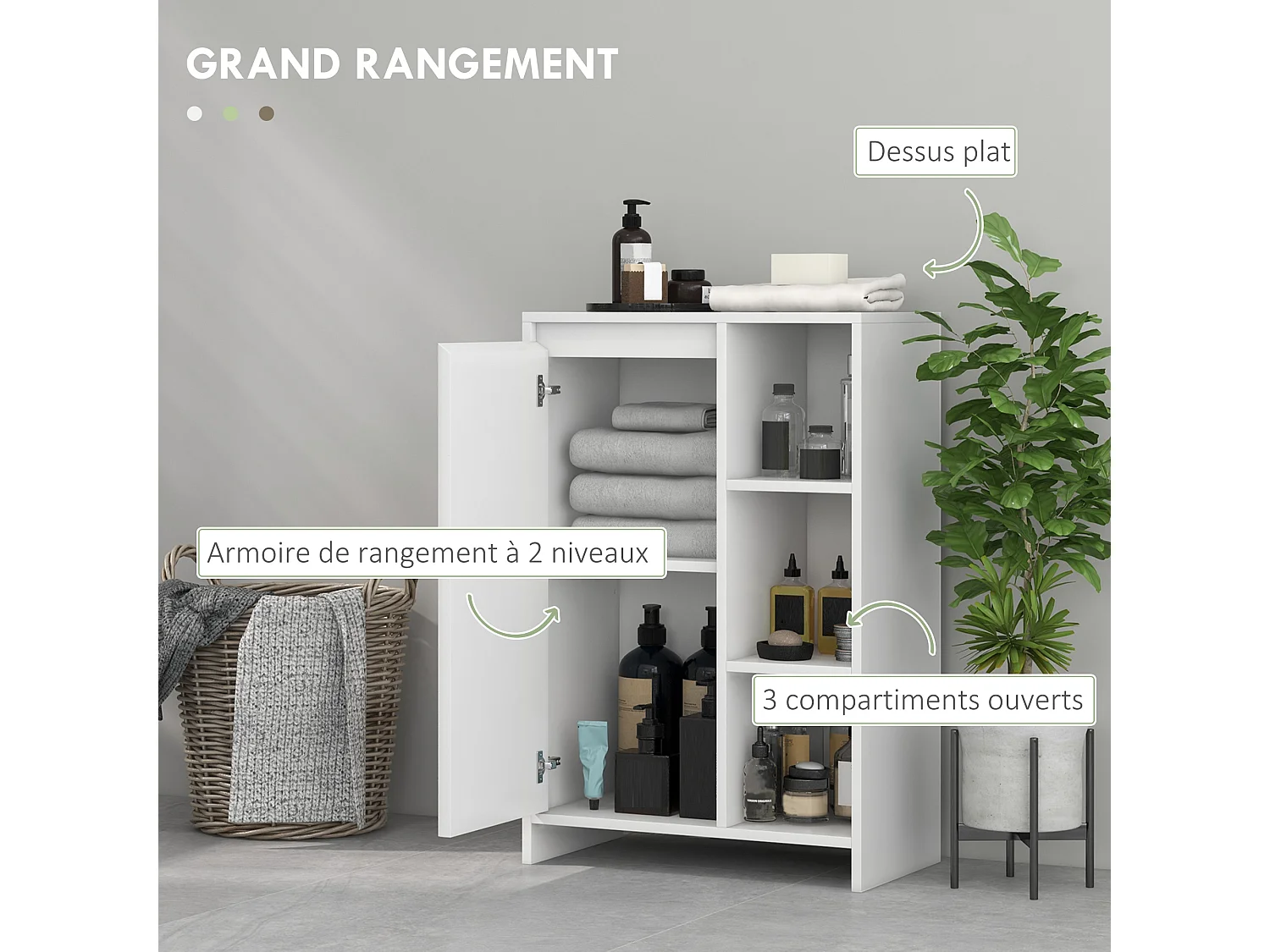 Meuble bas salle de bain design contemporain porte étagère 3 niches blanc