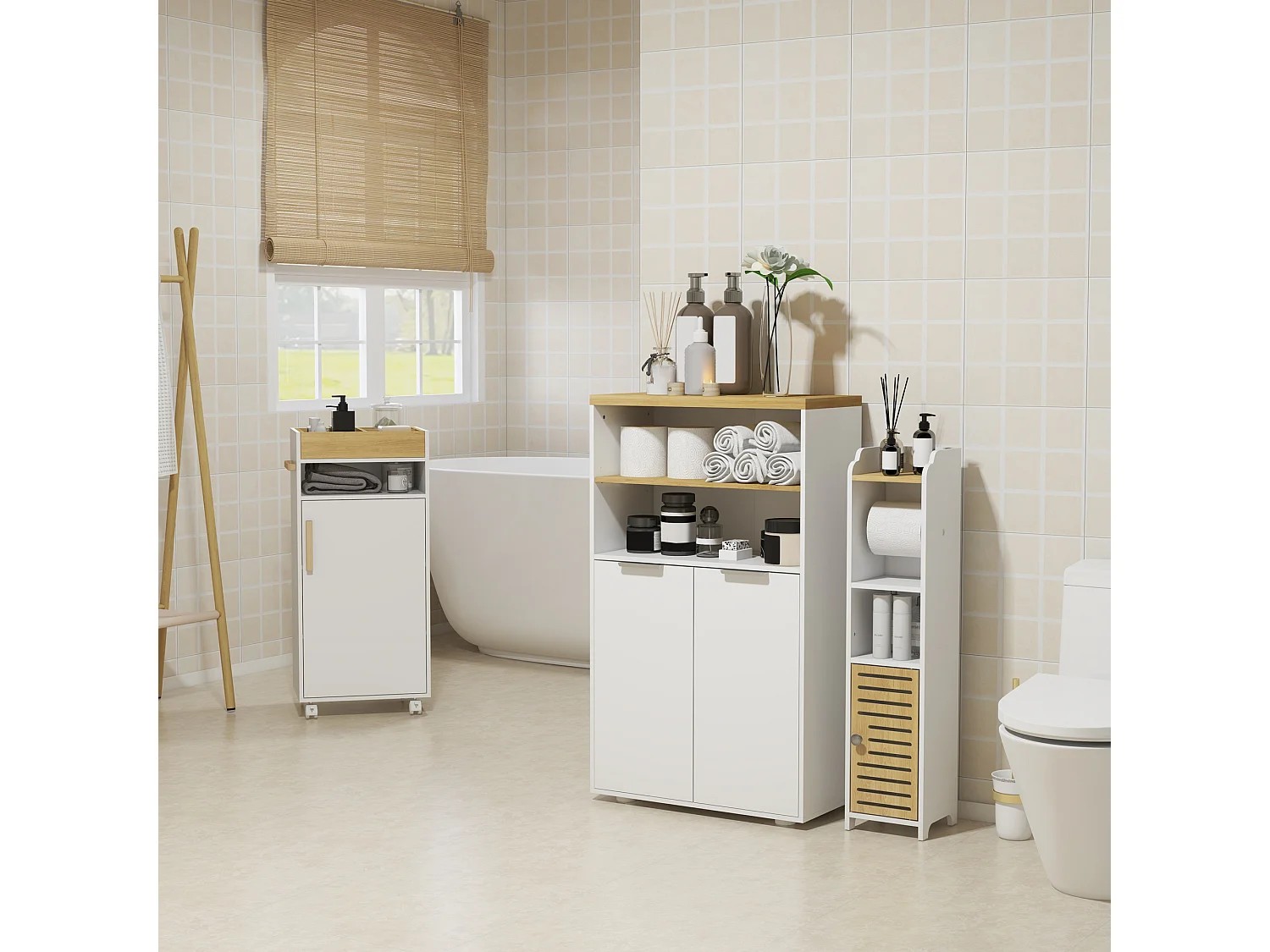 Meuble bas salle de bain - 2 portes, étagère, 2 niches - dim. 60L x 30l x 102H cm - blanc bois clair