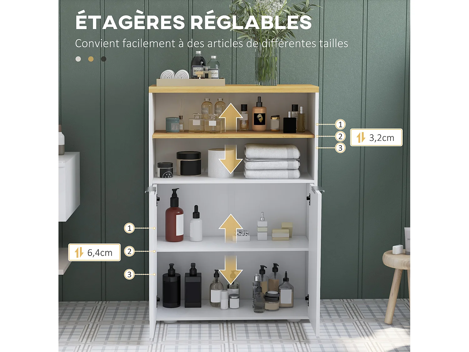 Meuble bas salle de bain - 2 portes, étagère, 2 niches - dim. 60L x 30l x 102H cm - blanc bois clair