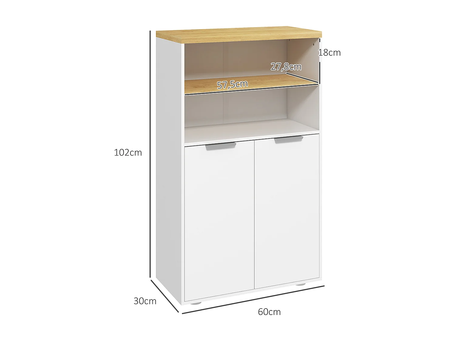 Meuble bas salle de bain - 2 portes, étagère, 2 niches - dim. 60L x 30l x 102H cm - blanc bois clair