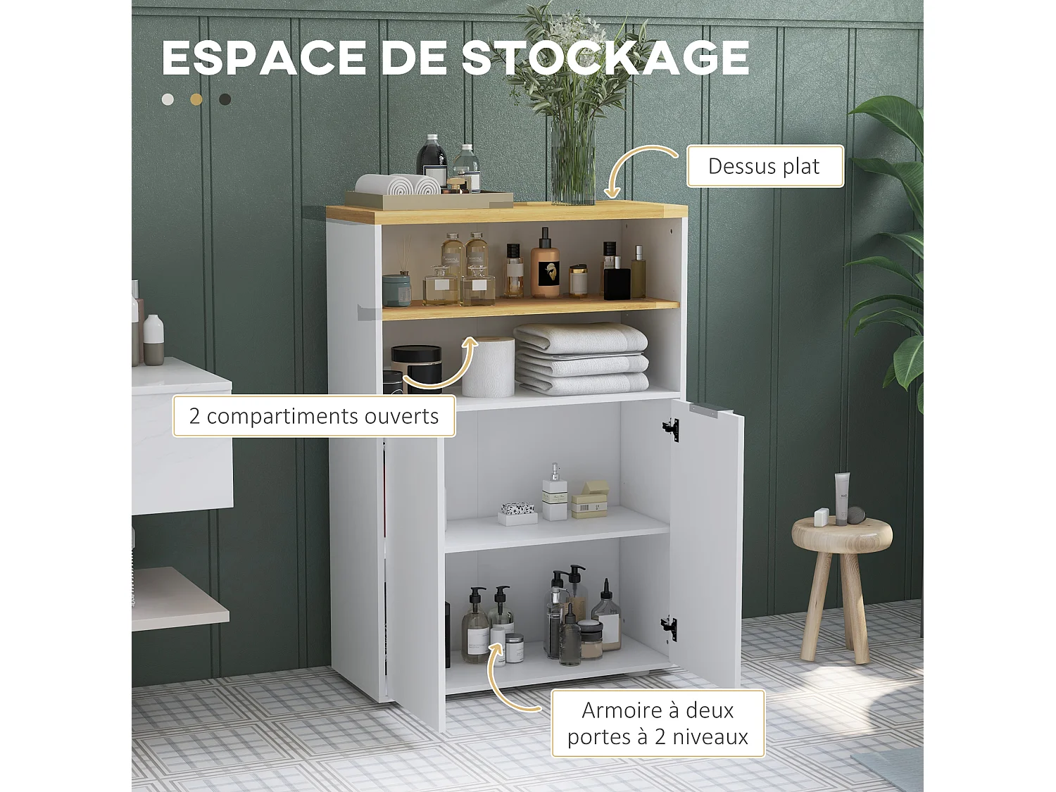 Meuble bas salle de bain - 2 portes, étagère, 2 niches - dim. 60L x 30l x 102H cm - blanc bois clair