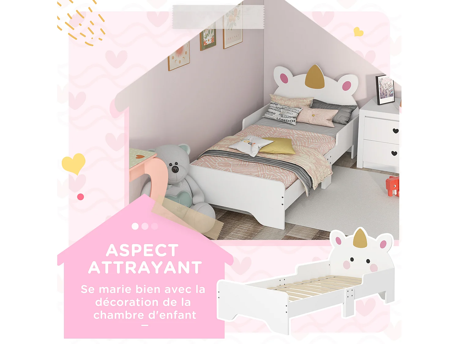 Lit enfant design licorne - sommier à lattes inclus - rose