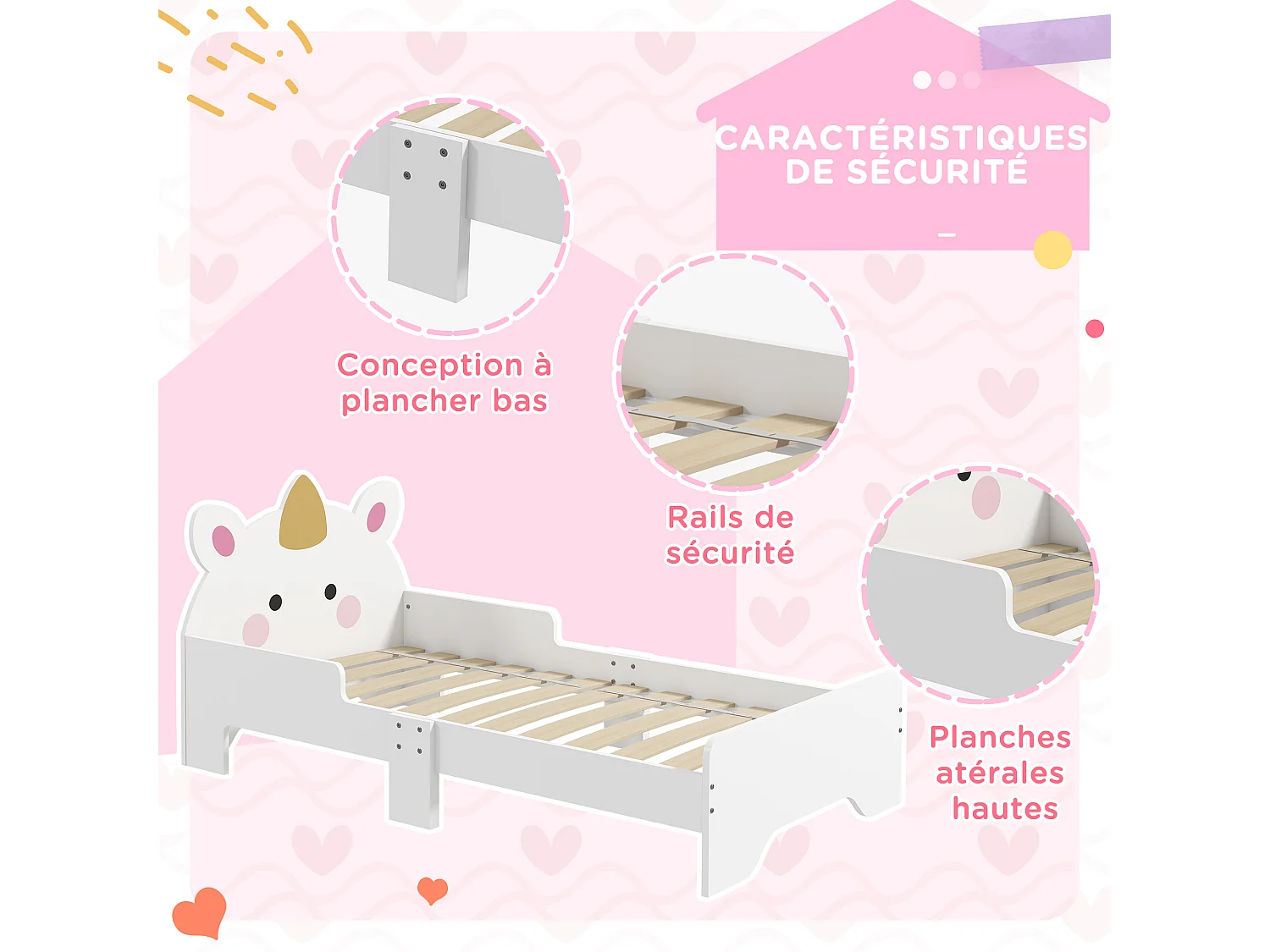 Lit enfant design licorne - sommier à lattes inclus - rose