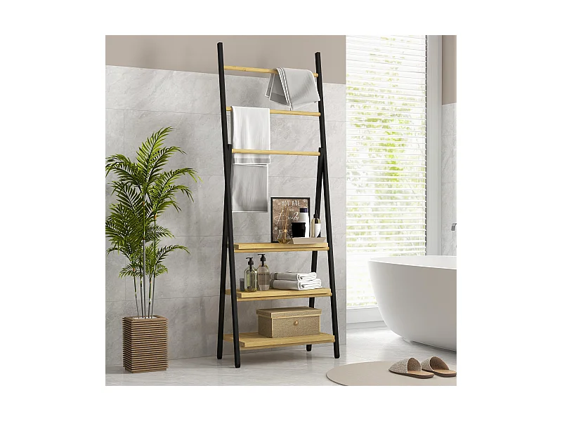 Porte-serviettes pliable 3 barres de suspension et 3 étagères en bambou pour salle de bains, structure métal noir