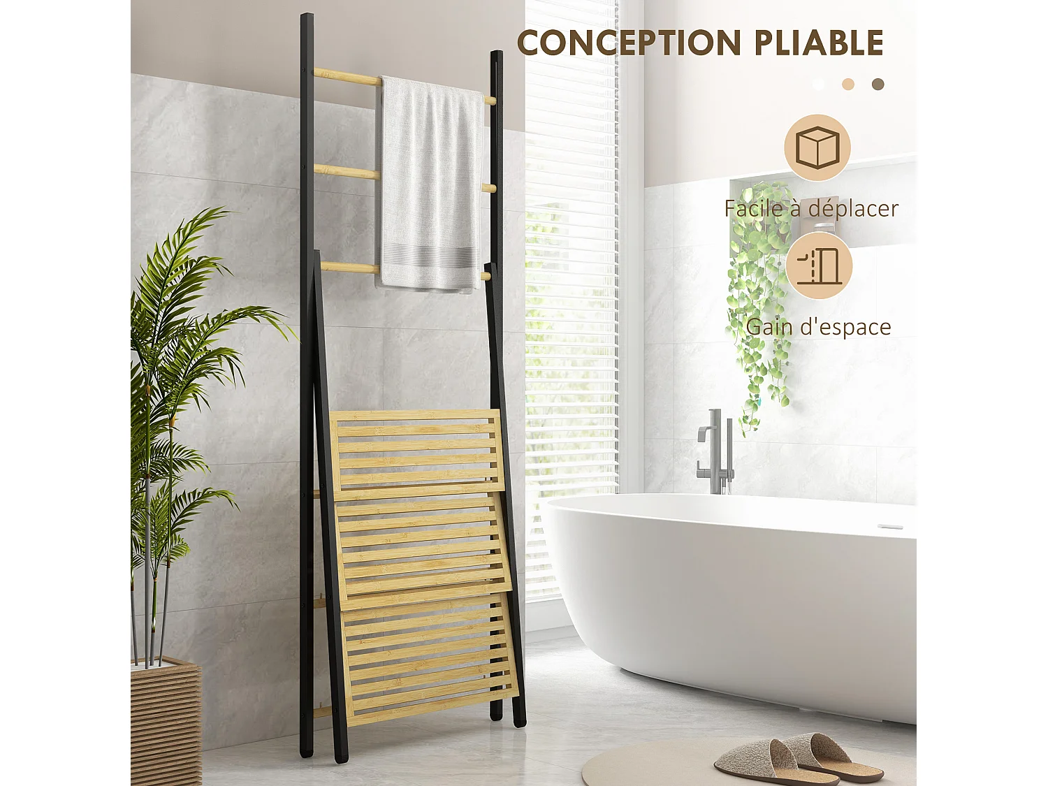 Porte-serviettes pliable 3 barres de suspension et 3 étagères en bambou pour salle de bains, structure métal noir