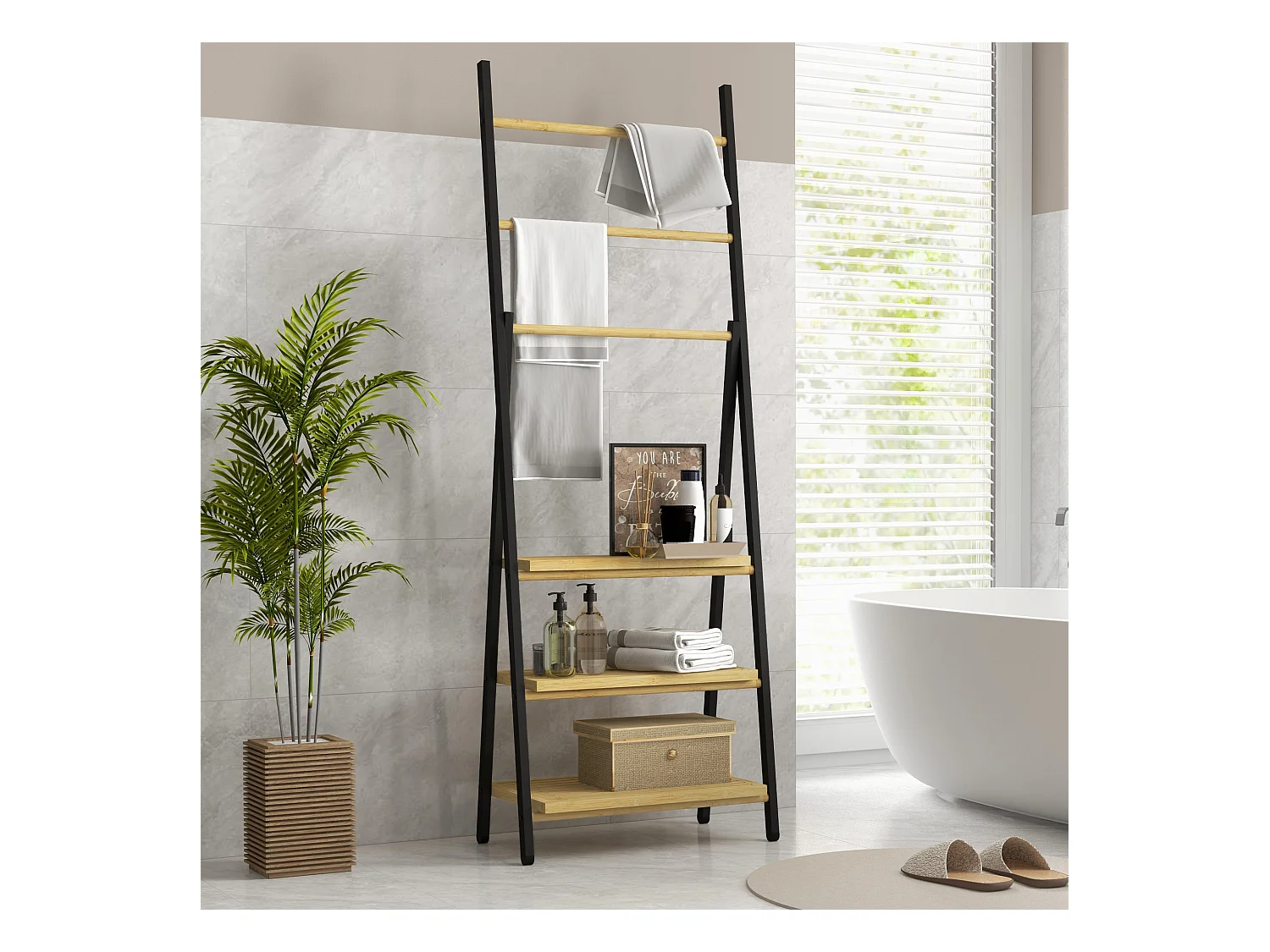 Porte-serviettes pliable 3 barres de suspension et 3 étagères en bambou pour salle de bains, structure métal noir