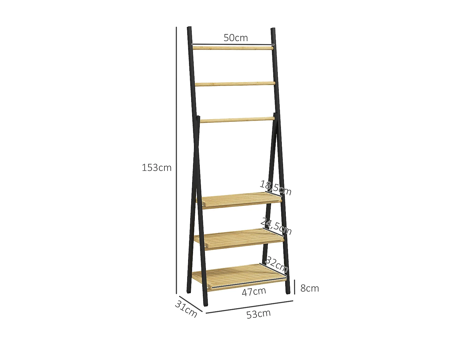 Porte-serviettes pliable 3 barres de suspension et 3 étagères en bambou pour salle de bains, structure métal noir