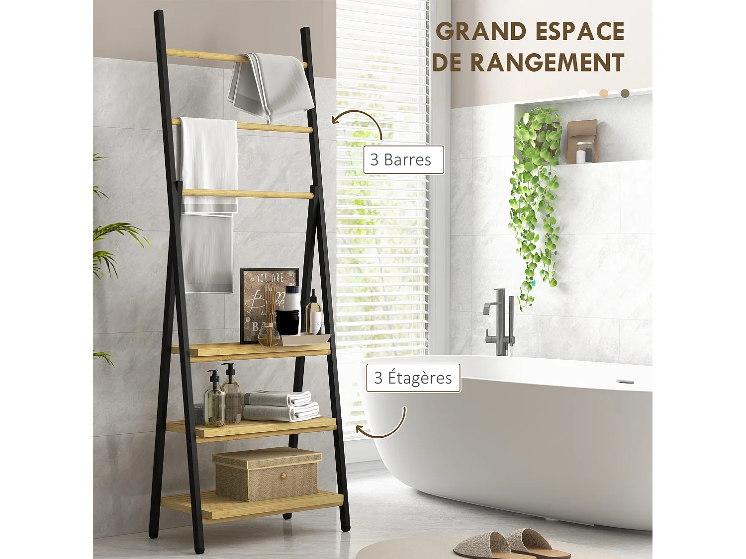 Porte-serviettes pliable 3 barres de suspension et 3 étagères en bambou pour salle de bains, structure métal noir