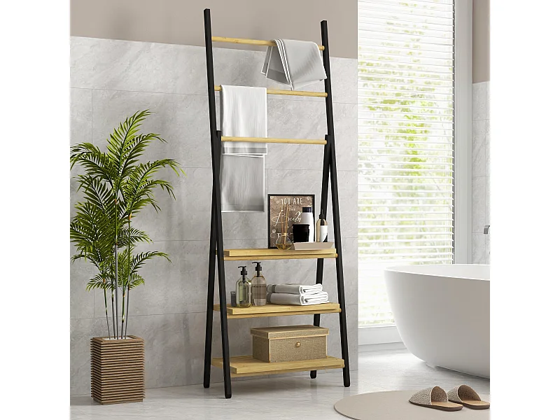 Porte-serviettes pliable 3 barres de suspension et 3 étagères en bambou pour salle de bains, structure métal noir